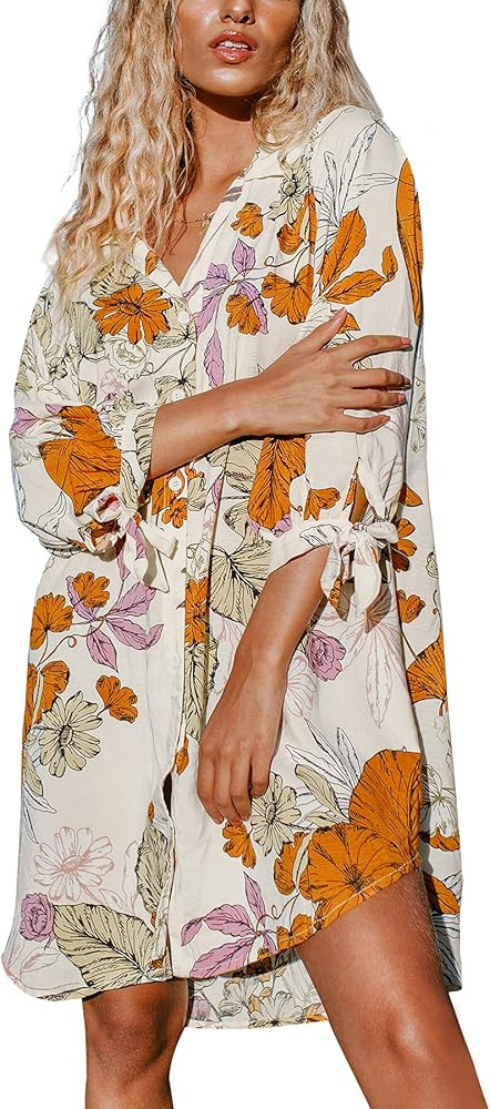 CUPSHE Women Floral Shirt Dress Mini Dress Beach Dress 3/4 Sleeve Button Down Midi Length Dress | Amazon (US)
