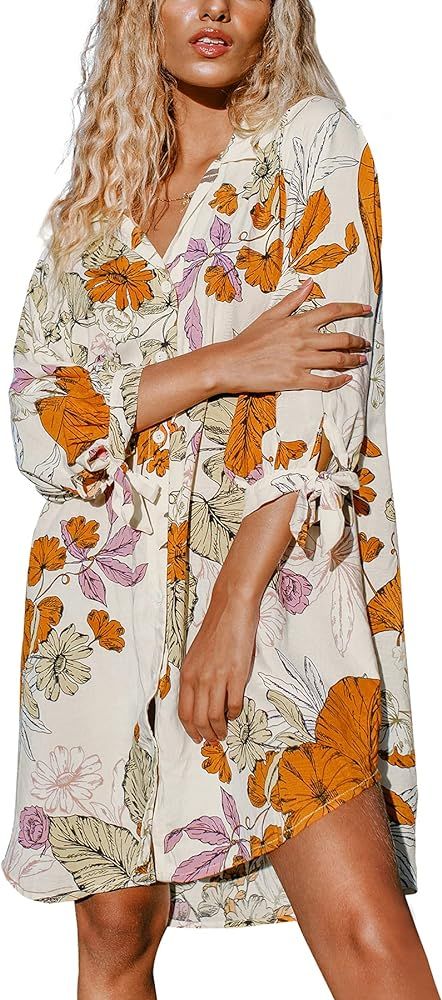 CUPSHE Women Floral Shirt Dress Mini Dress Beach Dress 3/4 Sleeve Button Down Midi Length Dress | Amazon (US)
