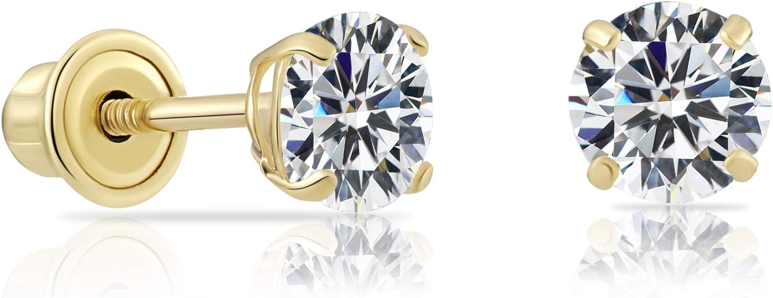 14k Yellow Gold Solitaire Round Cubic Zirconia Stud Earrings in Secure Screw-backs | Amazon (US)