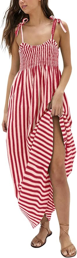 Lentta Women's Striped Smocked Maxi Dress Causal Spaghetti Strap Stretchy Flowy Swing Long Dress ... | Amazon (US)
