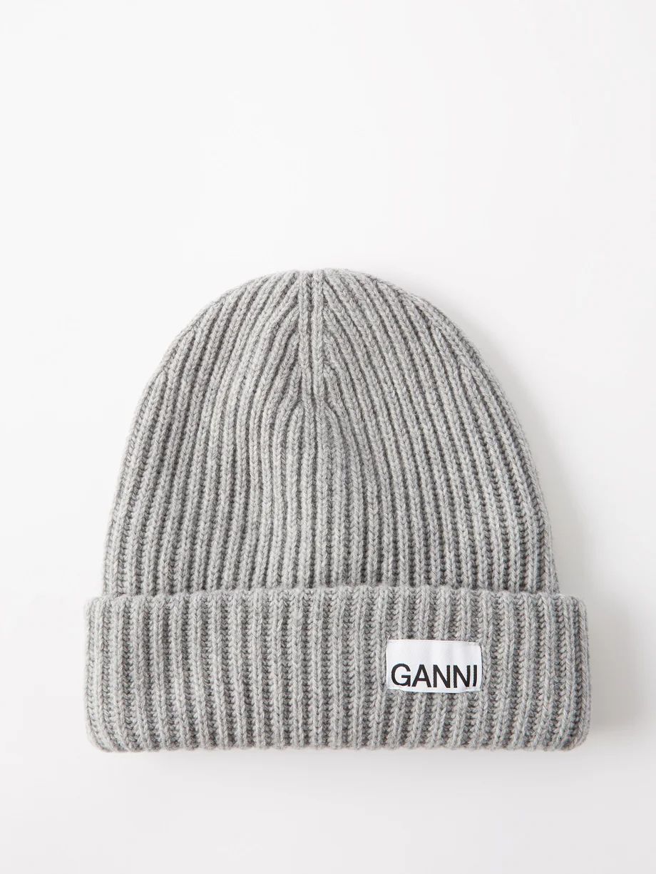 Logo-patch ribbed wool-blend beanie hat | Ganni | Matches (UK)