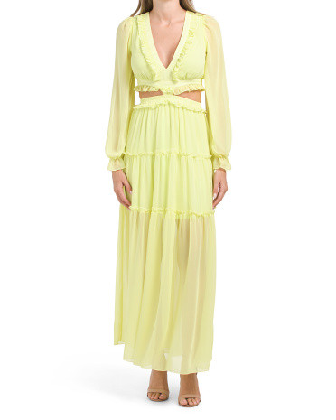 Long Sleeve V-neck Flounce Dress With Open Back | TJ Maxx