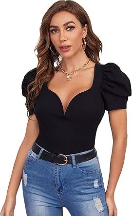 SheIn Women's Sweetheart Neck Puff Short Sleeve Blouse Rib Knit Elegant Tops Shirt | Amazon (US)