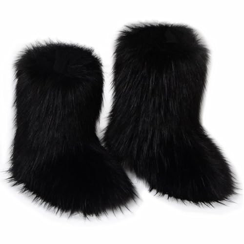 QMFUR Women's Furry Faux Fur Boots Fuzzy Fluffy Mid Calf Snow Boots Suede Warm Fur Lined Booties Flat Fashion Boots (Black 1, 7) | Amazon (US)