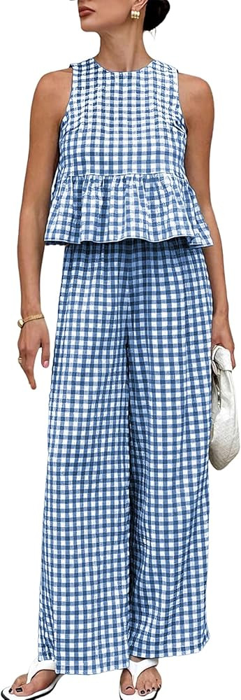 Womens 2 Piece Outfits Sets Gingham Plaid Sleeveless Ruffle Tank Tops and Wide Leg Pants Summer M... | Amazon (US)