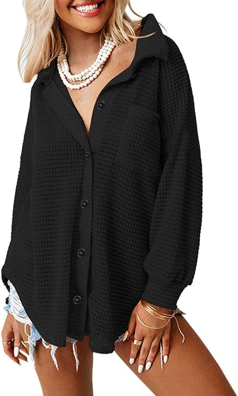 Beaully Womens Waffle Knit Long Sleeve Button Down Shirts Casual Lightweight Shacket Dressy Blous... | Amazon (US)