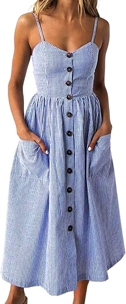 Women's Dresses-Summer Floral Bohemian Adjustable Spaghetti Strap Button Down Swing Midi Dress wi... | Amazon (US)