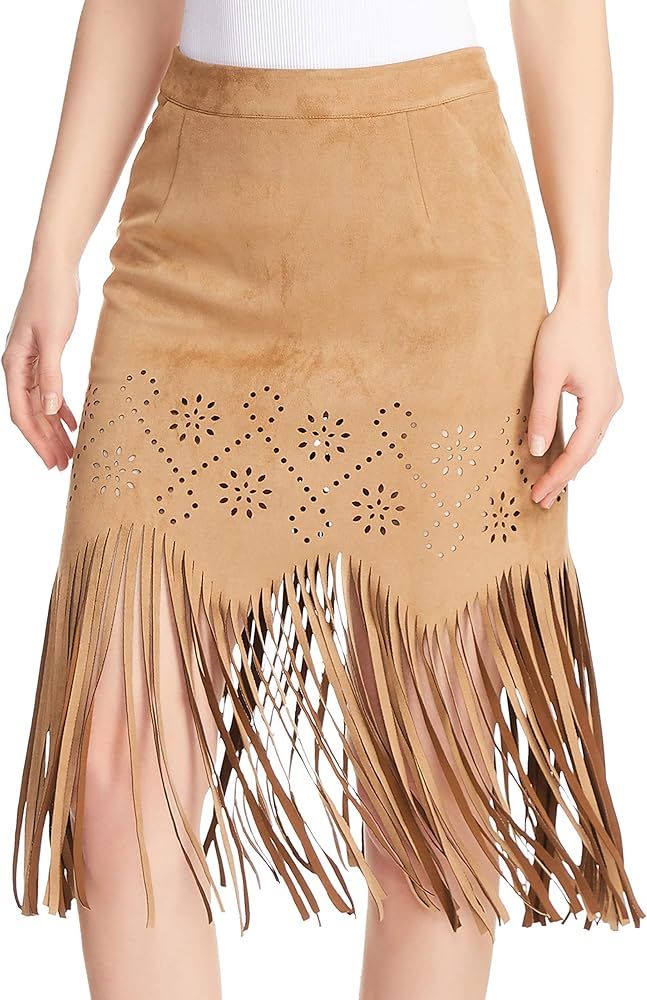 Women Novelty Fringe Skirt High Waist Cute Tassel Skirt Faux Suede Swing Skirt | Amazon (US)