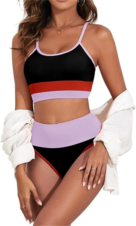 Adisputent Womens High Waisted Bikini Set Color Block Ribbed Crop Top Sporty Swimsuits Tummy Cont... | Amazon (US)