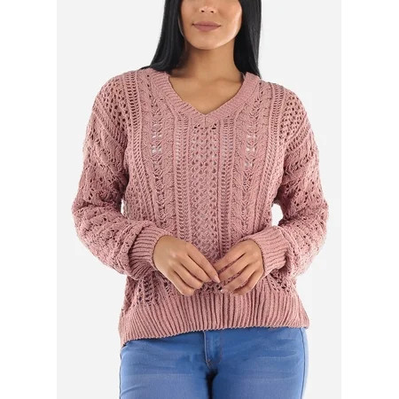 Womens Juniors Cute Pink Sweater - Cable Crochet Sweater - Pink Knitted Sweater 20850P | Walmart (US)