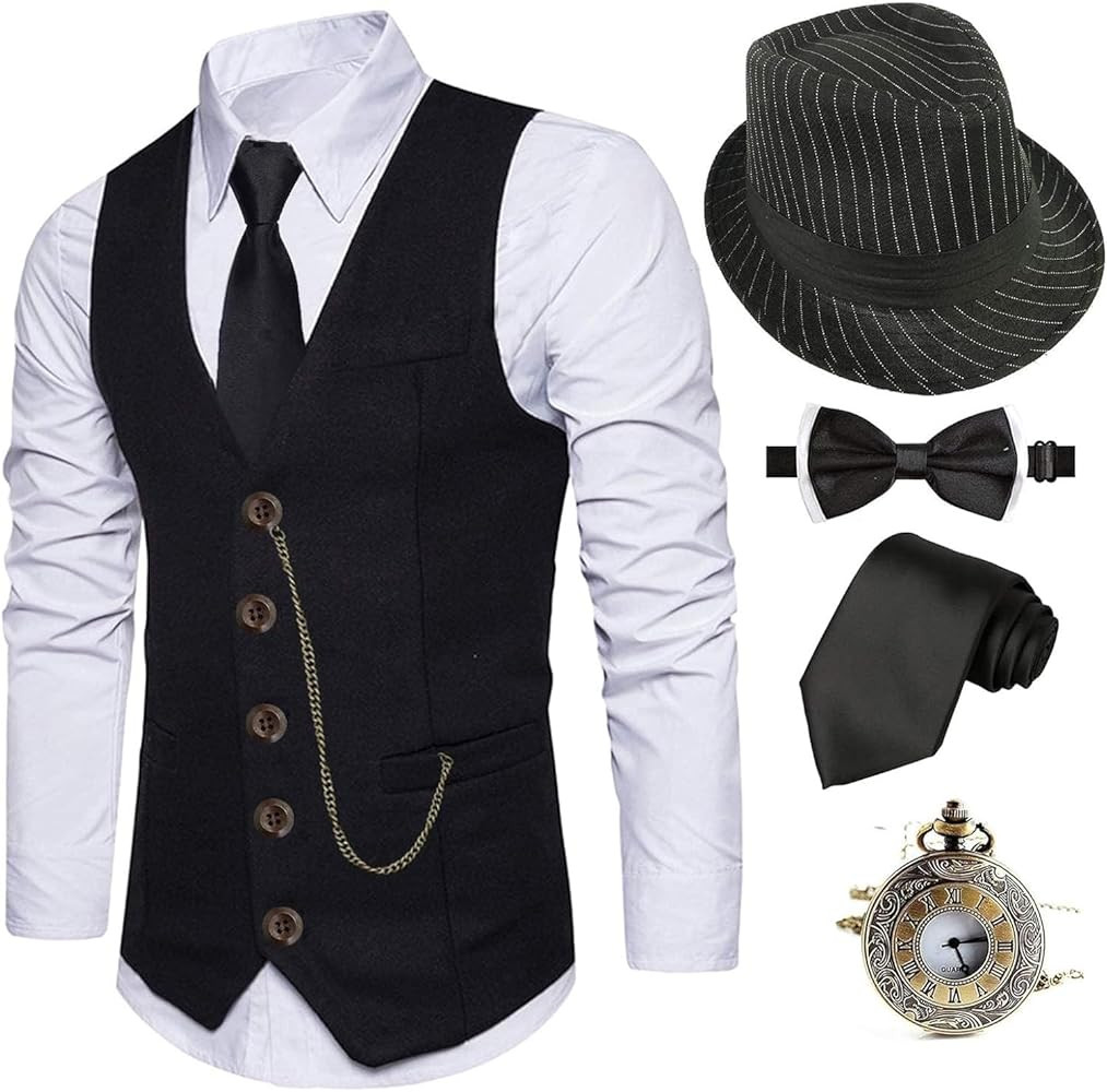 EFORLED 1920s Mens Costume Fedora Hat,Gatsby Gangster Vest,Vintage Pocket Watch,Pre Tied Bow Tie,... | Amazon (US)