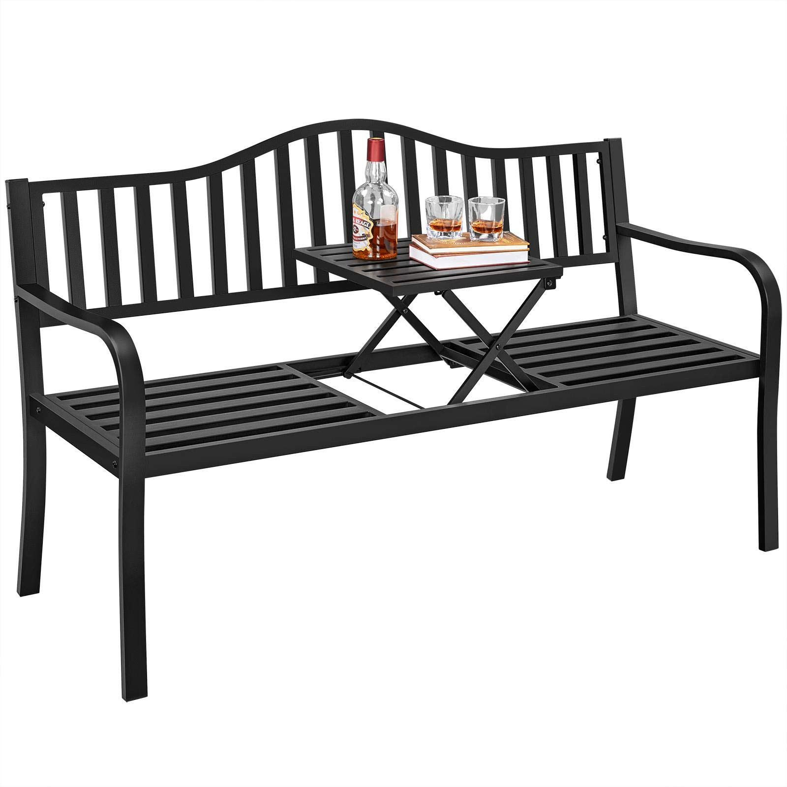 Yaheetech Outdoor Garden Bench w/Pullout Middle Table, Metal Patio Bench, Front Porch for Backyar... | Amazon (US)