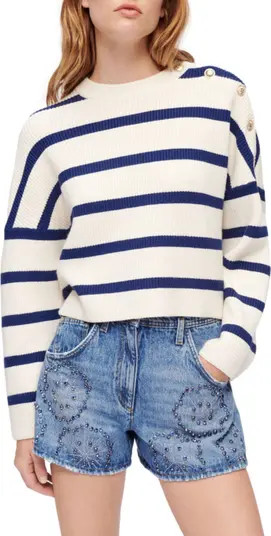 maje Marin Breton Stripe Button Accent Crewneck Sweater | Nordstrom | Nordstrom