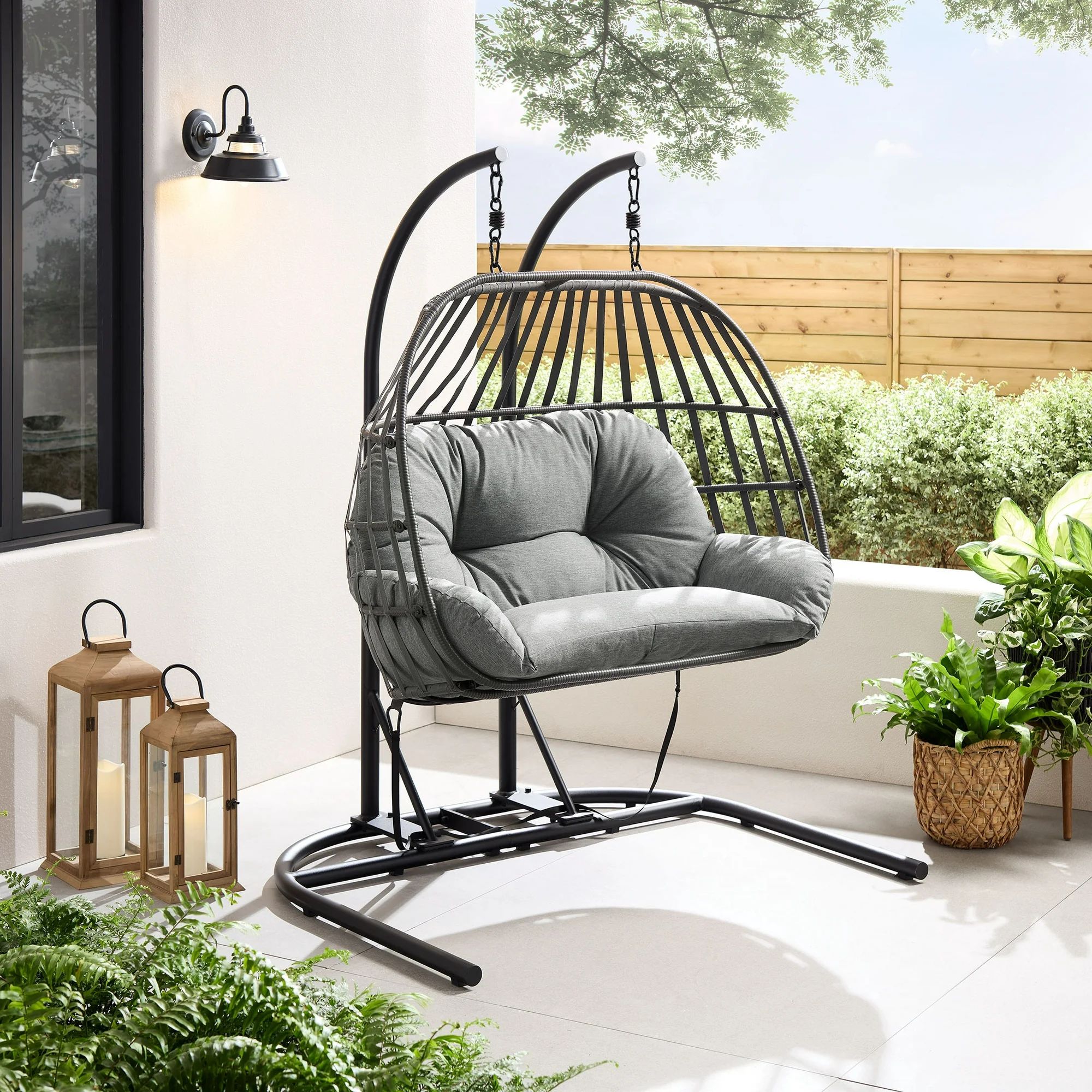 Mainstays Wicker Outdoor Patio Double Hanging Egg Chair with Gray Olefin cushion, and Black Metal... | Walmart (US)