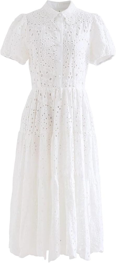 CHICWISH Women Short Sleeves Cotton Midi Dress Crochet Collar Embroidered Eyelet Button Down Casu... | Amazon (US)