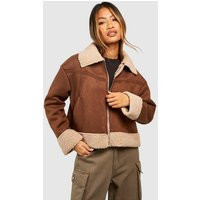 Womens Suedette Borg Trim Aviator Jacket - Brown - 4 | boohoo (US & Canada)