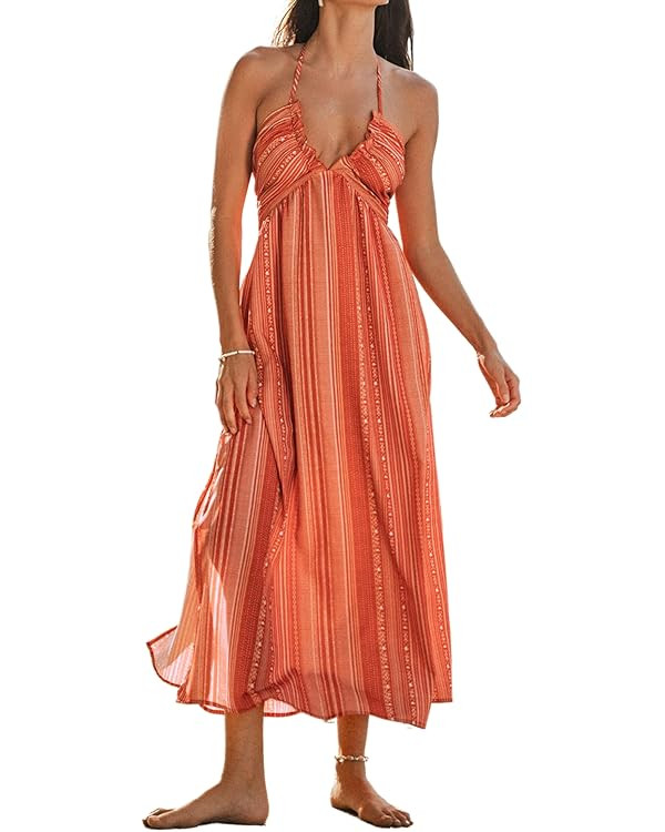 CUPSHE Women's Backless Beach Dress Halter Neck Ruffle Plunge V Neck Maxi Mini Sundress Summer Dr... | Amazon (US)