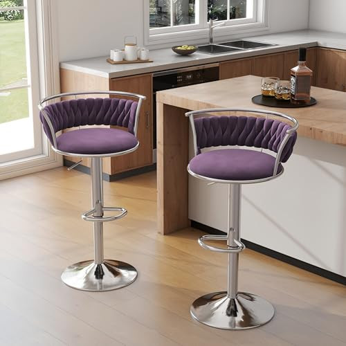 UIXE 360° Swivel Bar Stools Set of 2, Modern Adjustable Counter Height Velvet Bar Chair Silver Metal Stool, Comfy Kitchen Island Dining Chairs with Woven Back & Footrest for Cafe Pub (Purple) | Amazon (US)