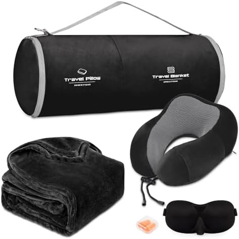 Travel Pillow and Blanket Set Neck Pillows Travel Essentials with Sleep Mask for Airplane Car Mem... | Amazon (US)