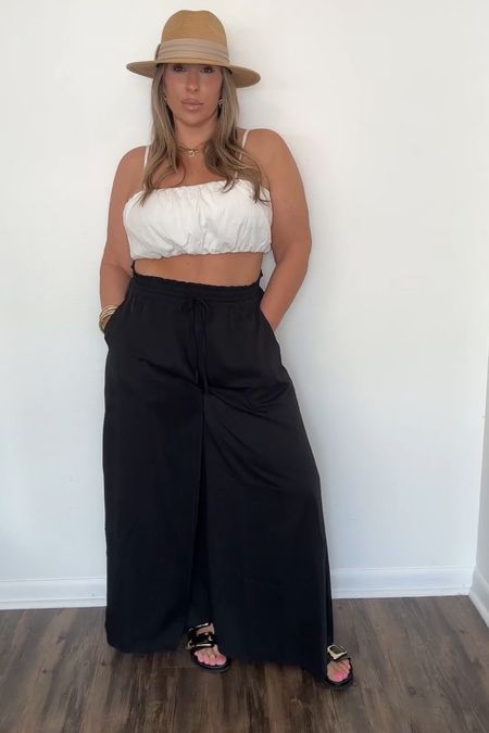 Bubble top (old target) found lots of similar options. Palazzo pants are fab size XL. Linked my fav golf and black sandals. 