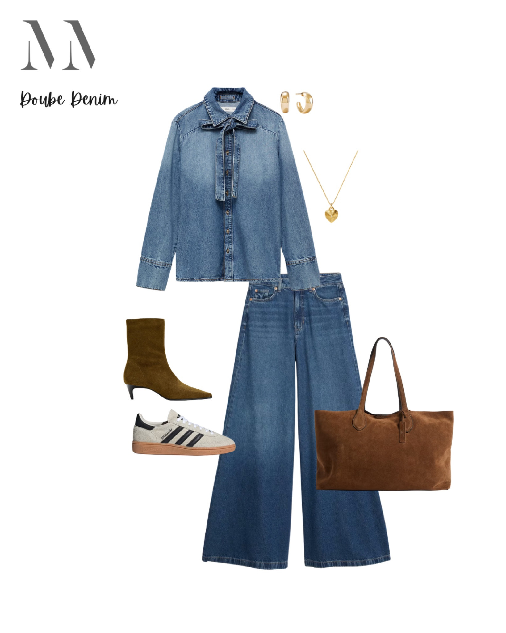 Double denim with a feminine twist, this bow detail blouse and wide leg jeans have a vintage feel that looks put together. Pair with suede ankle boots or trainers for easy spring styling. A structured suede tote and delicate gold jewelry keep it polished.

#LTKFashionMonth #LTKspring #LTKmidsize