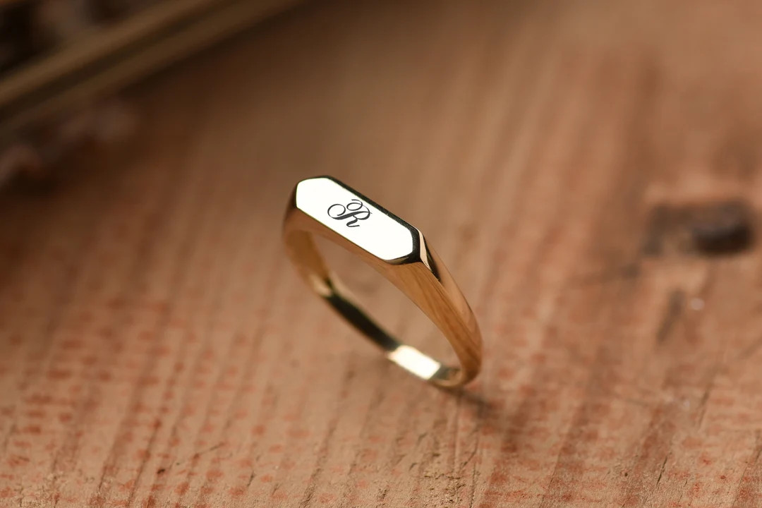 14K Gold Simple Rectangle Ring, Personalized Rectangle Ring, Custom Rectangle Ring, Stack Gold Ri... | Etsy (US)