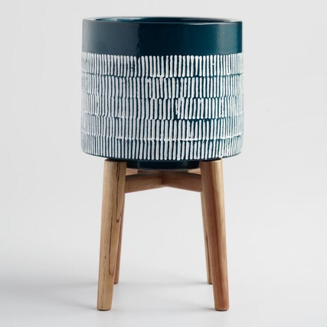 Dark Turquoise Ceramic Planter with Wood Stand | World Market
