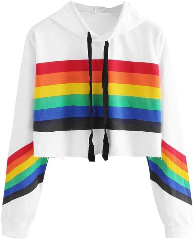 TOTOD Rainbow Print Sweatshirt Hooded Tops Women's Daily Long Sleeve Hoodie Teens Daily Pullover | Amazon (US)