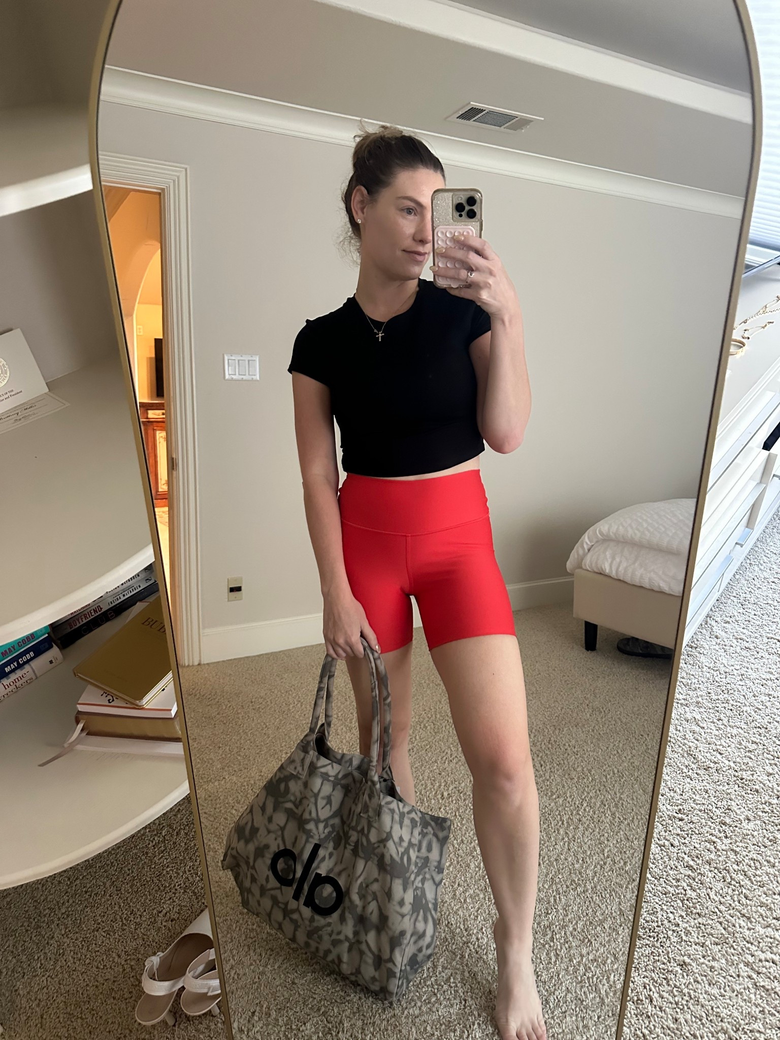 Alo workout outfit! Perfect fit for an at home workout 

Biker shorts - small 
Crop shortsleev top - medium 

#LTKActive #LTKFindsUnder100