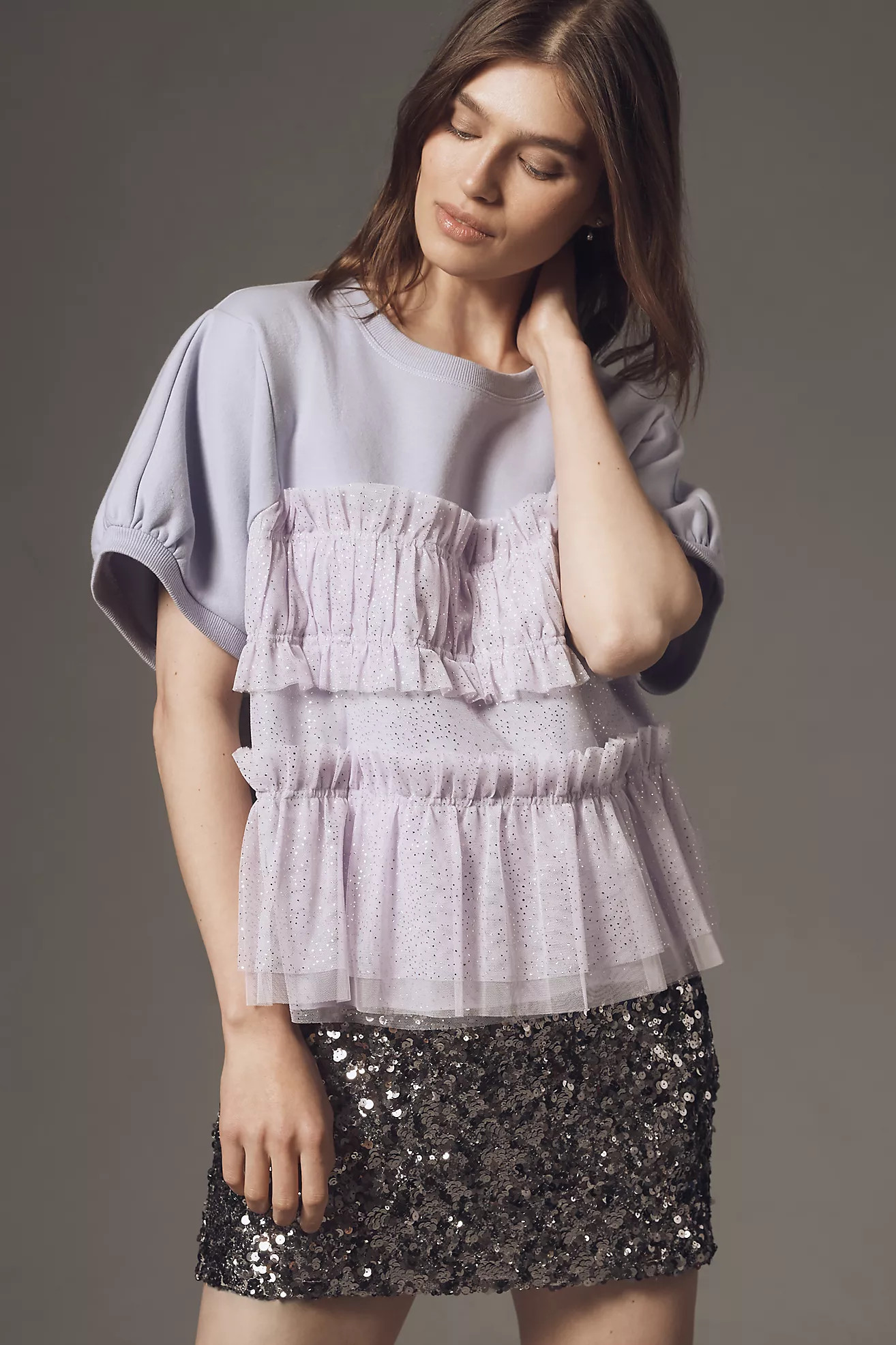 Maeve Short-Sleeve Smocked Ruffled Sweatshirt | Anthropologie (US)