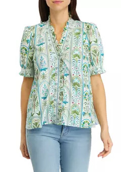 Crown & Ivy™ Women's Printed Smocked Ruffle Neck Blouse | Belk