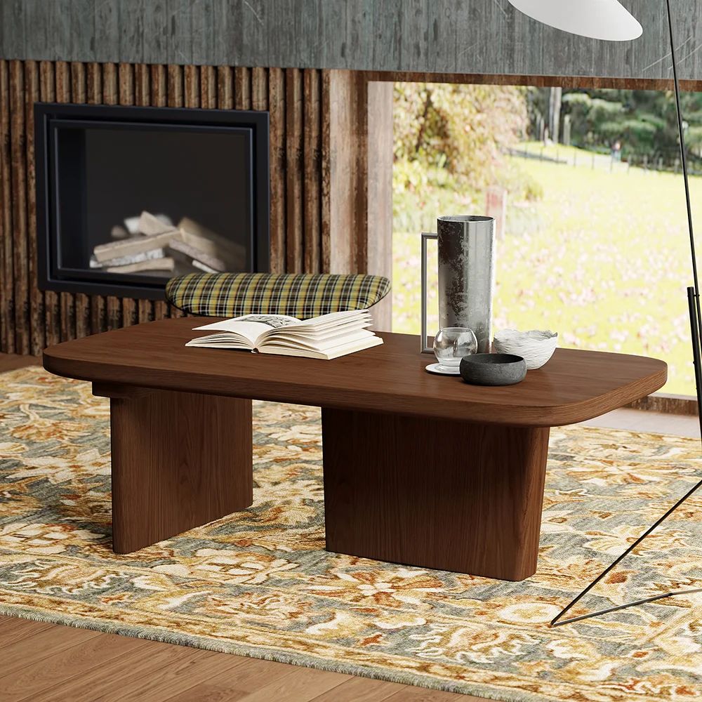 Pine Wood Coffee Table Rectangle-shaped in Walnut with Abstract Base Japandi | Homary