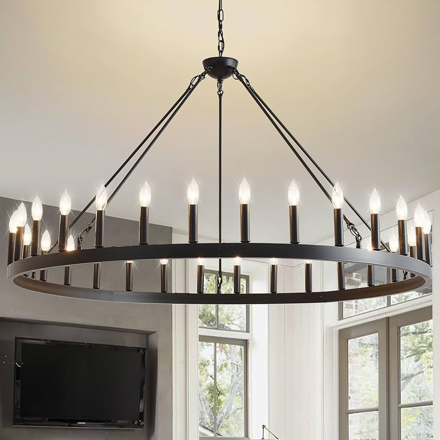 53 Inch Large Farmhouse Wagon Wheel Chandelier,Black 30-Light Rustic Round Hanging Light Fixture,... | Amazon (US)