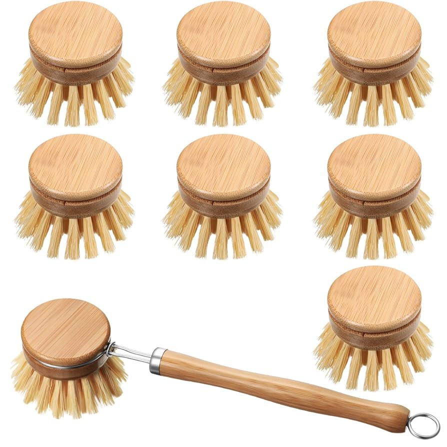 Patelai 8 Pieces Wooden Kitchen Dish Brush Include Bamboo Scrub Cleaning Brush and Replacement He... | Amazon (US)