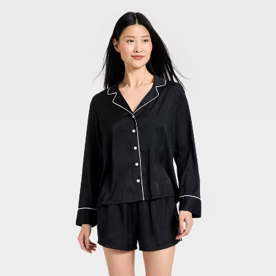 Women's Luxury Collection Satin Notch Collar Long Sleeve Shirt and Shorts Pajama Set - Auden™ Black XL | Target