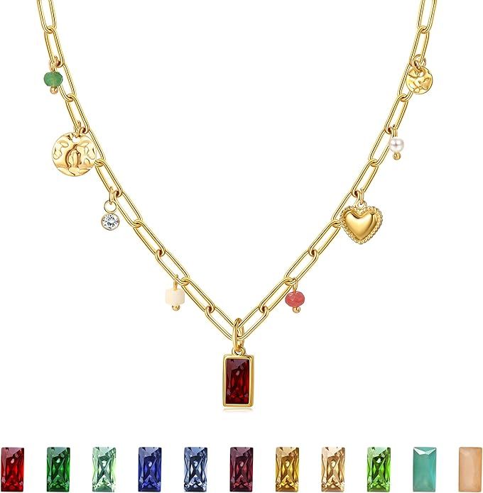 Gold Birthstone Necklace for Women,14K Gold Plated Necklace,Dainty Red Blue Green Diamond Necklac... | Amazon (US)