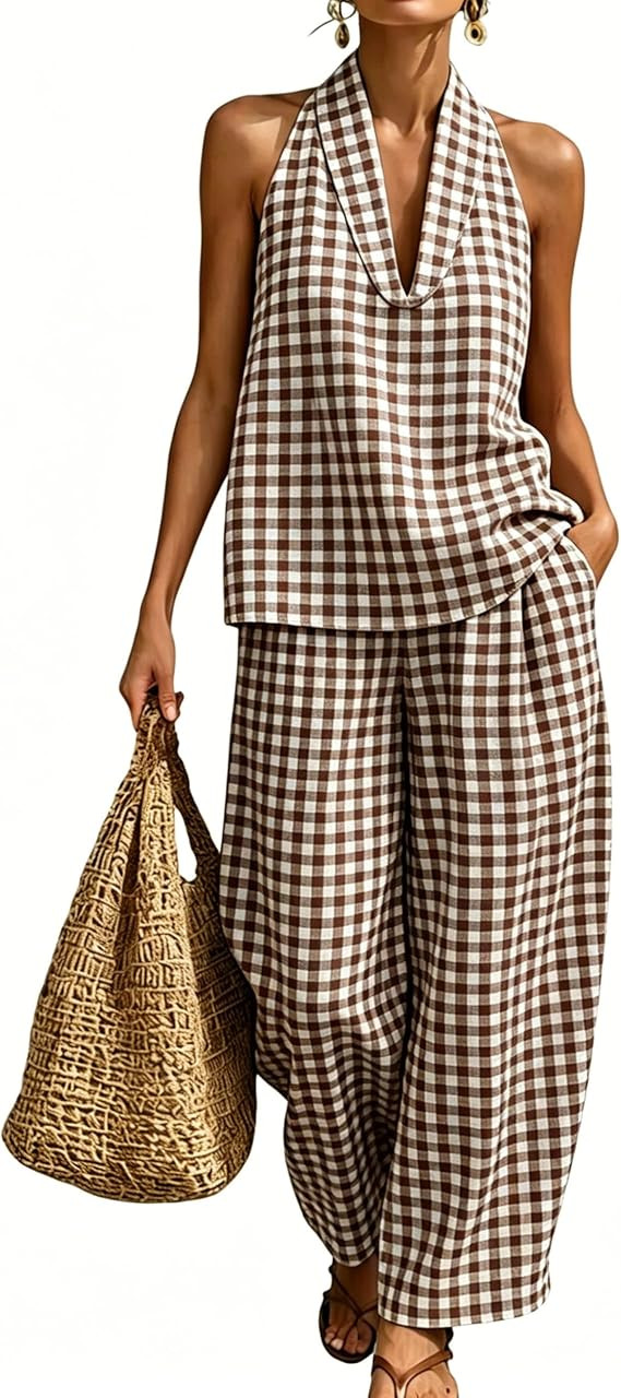 QIBABU Womens Summer Gingham 2 Piece Set Halter Neck Tank Top Barrel Leg Pant Sets Cotton Lounge ... | Amazon (US)