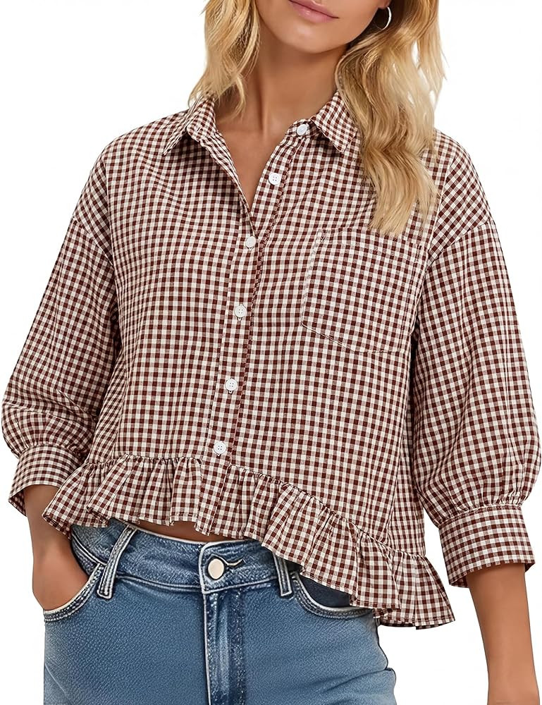 LOMON Womens 3/4 Sleeve Button Down Tops Dressy Casual Collared Shirts Blouses Ruffle Babydoll To... | Amazon (US)