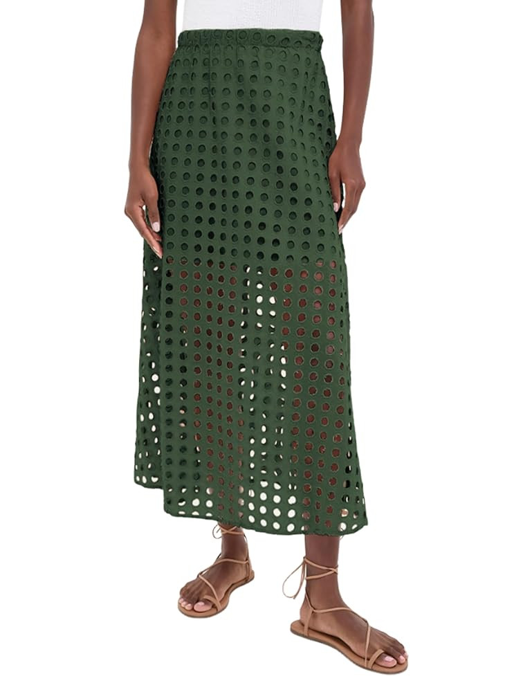 Ailoqing 2025 Summer Casual Long Skirt for Women Cotton Eyelet Beach Maxi Skirt with Underneath | Amazon (US)