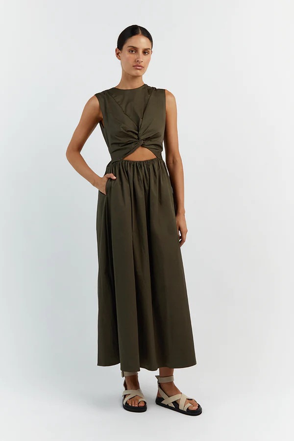 RAMSEY DARK OLIVE COTTON MIDI DRESS | DISSH