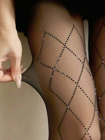 1pc Women's Diamond Pattern Rhinestone Decorated Black Tights, Suitable For Skirts, Cozy | SHEIN