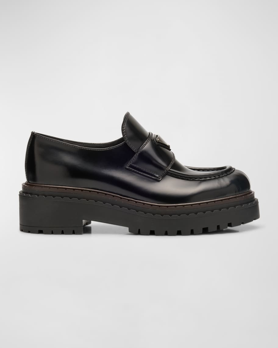 Prada Chocolate Calfskin Platform Loafers | Neiman Marcus