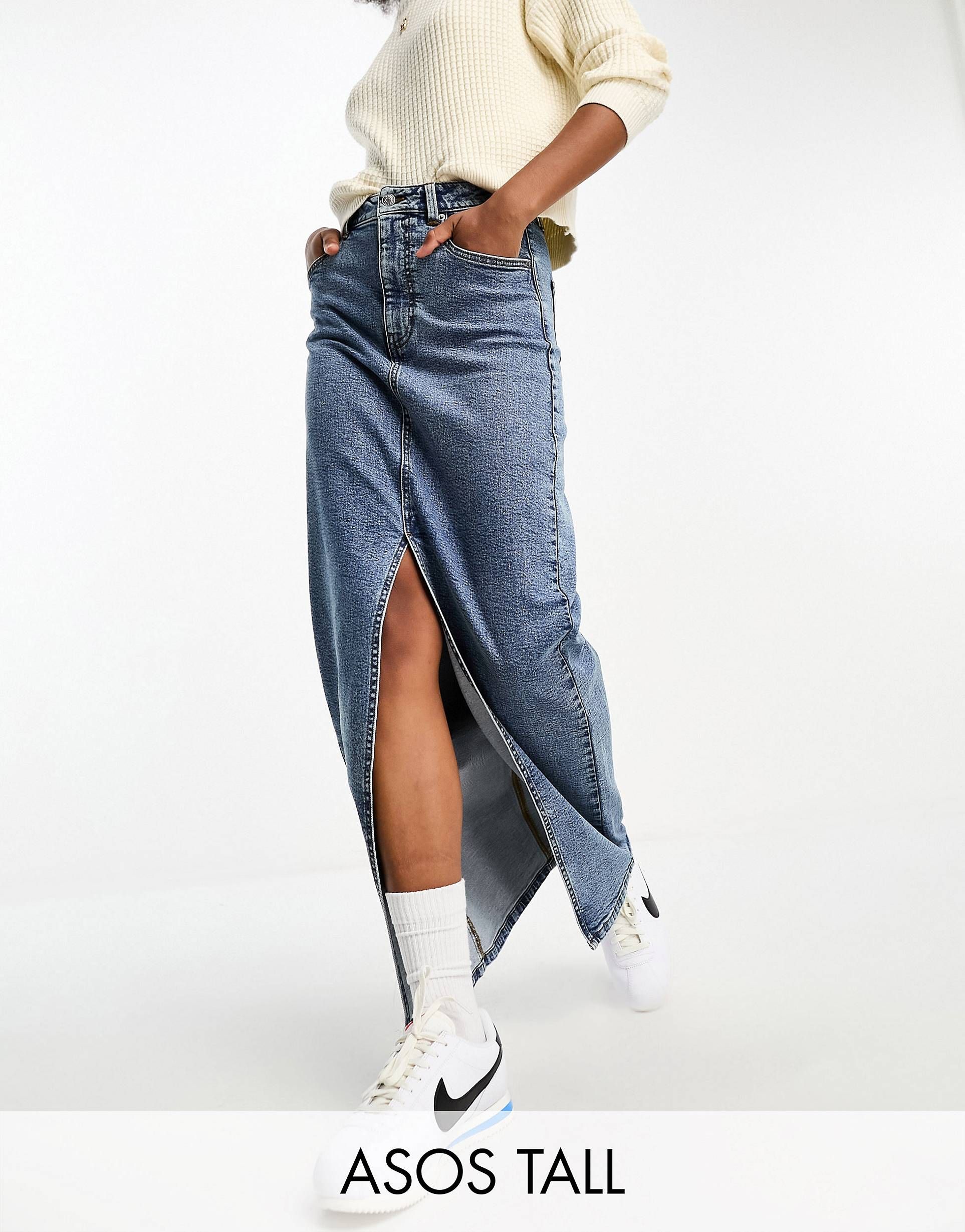 ASOS DESIGN Tall denim maxi skirt with split hem in midwash | ASOS (Global)