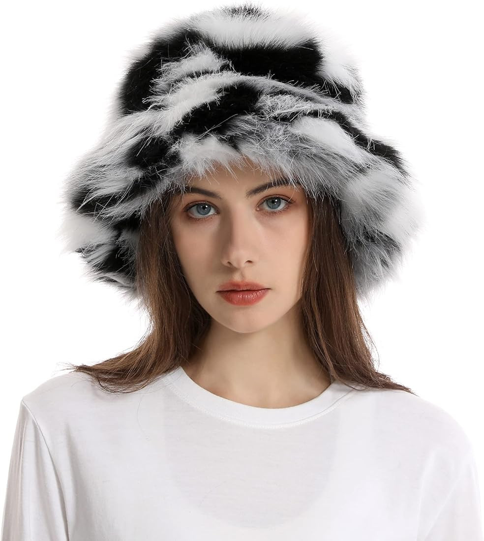 Fuzzy Bucket Hat for Women Winter Fluffy Furry Plush Faux Fur Hats Rainbow Cute Women's Bucket Ha... | Amazon (US)