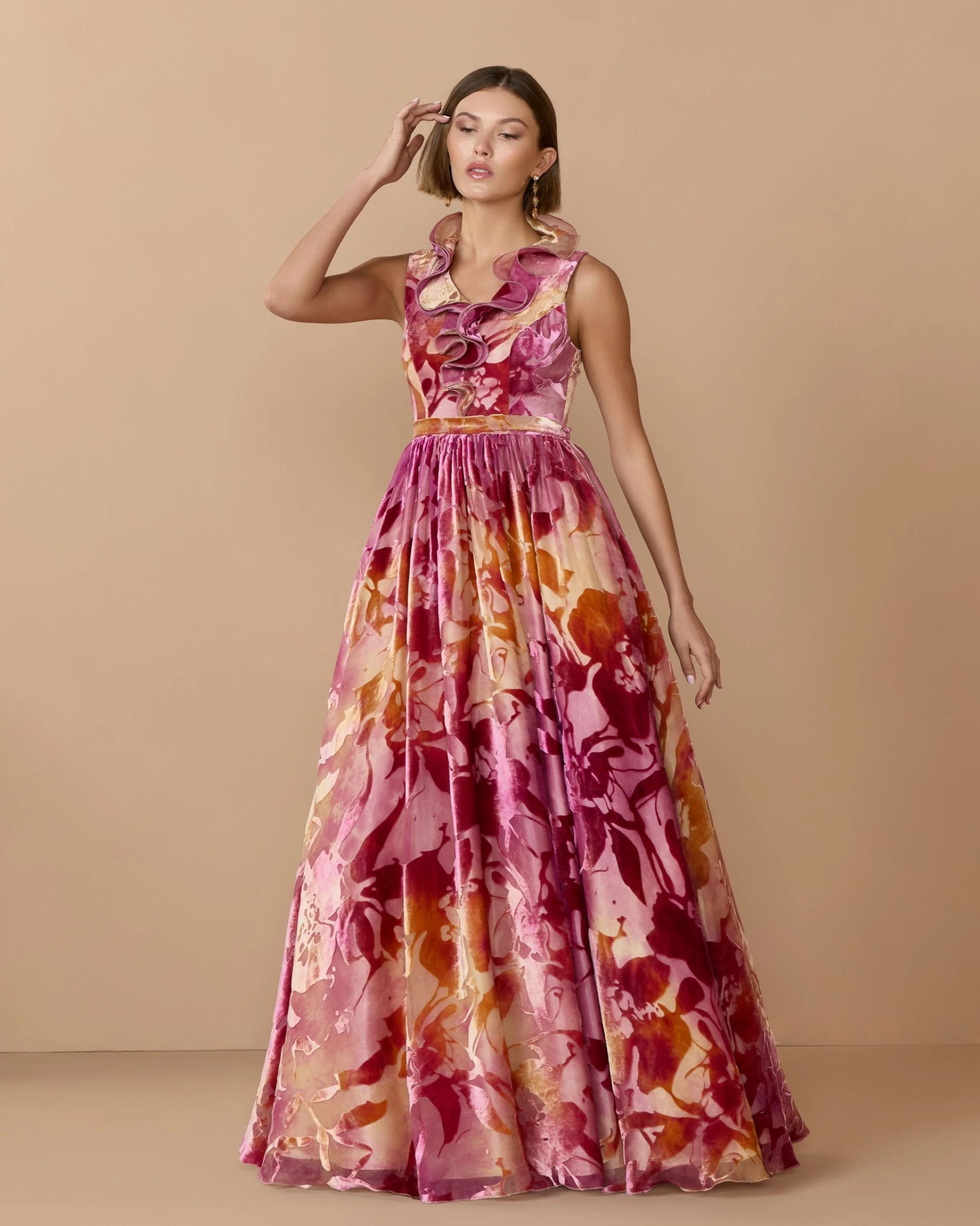 Multicolor Sleeveless Velvet Ruffle Ball Gown | Mac Duggal | Mac Duggal