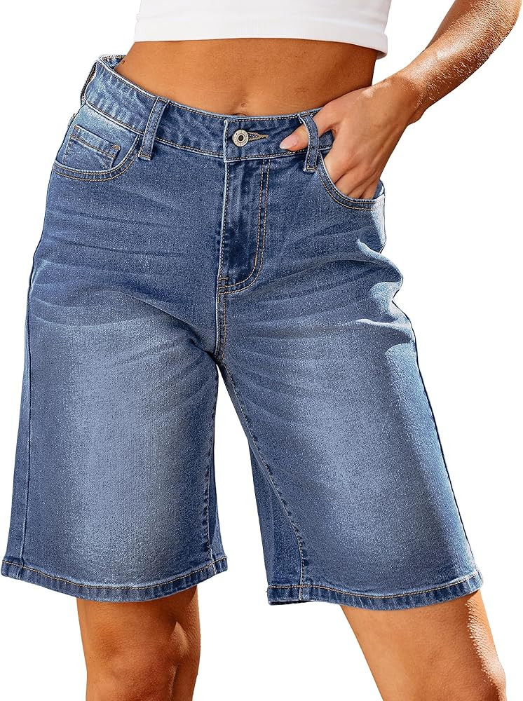 luvamia Bermuda Jean Shorts for Women High Waisted Trendy Stretchy Denim Shorts Knee Length Cutof... | Amazon (US)