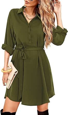 Amoretu Womens Long Sleeve Dresses for Work Button Up Shirt Dress with Pockets | Amazon (US)