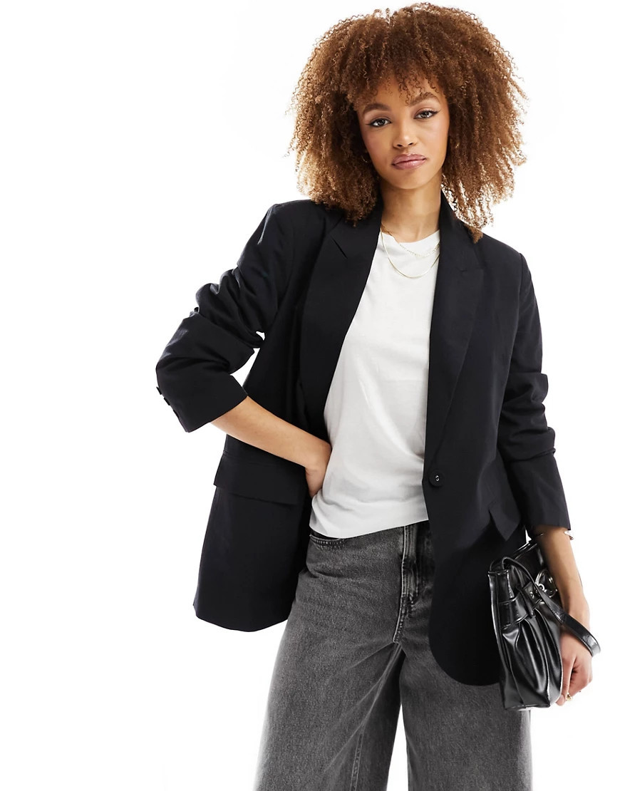 ASOS DESIGN tailored blazer with linen in black | ASOS (Global)