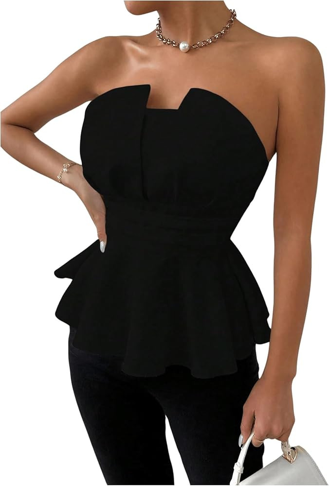 OYOANGLE Women's Strapless Ruffle Tube Top Flared Hem Peplum Bandeau Party Going Out Tops | Amazon (US)