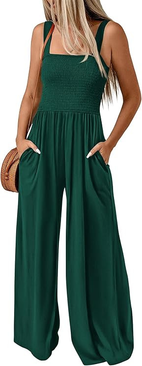 KIRUNDO Womens Jumpsuit 2026 Summer Casual Loose One Piece Overalls Smocked Sleeveless Wide Leg R... | Amazon (US)